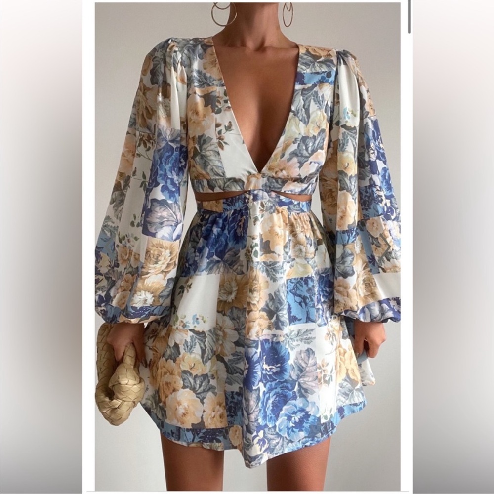 showpo. emily blue & white patchwork floral v-neck long sleeve cutout mini dress